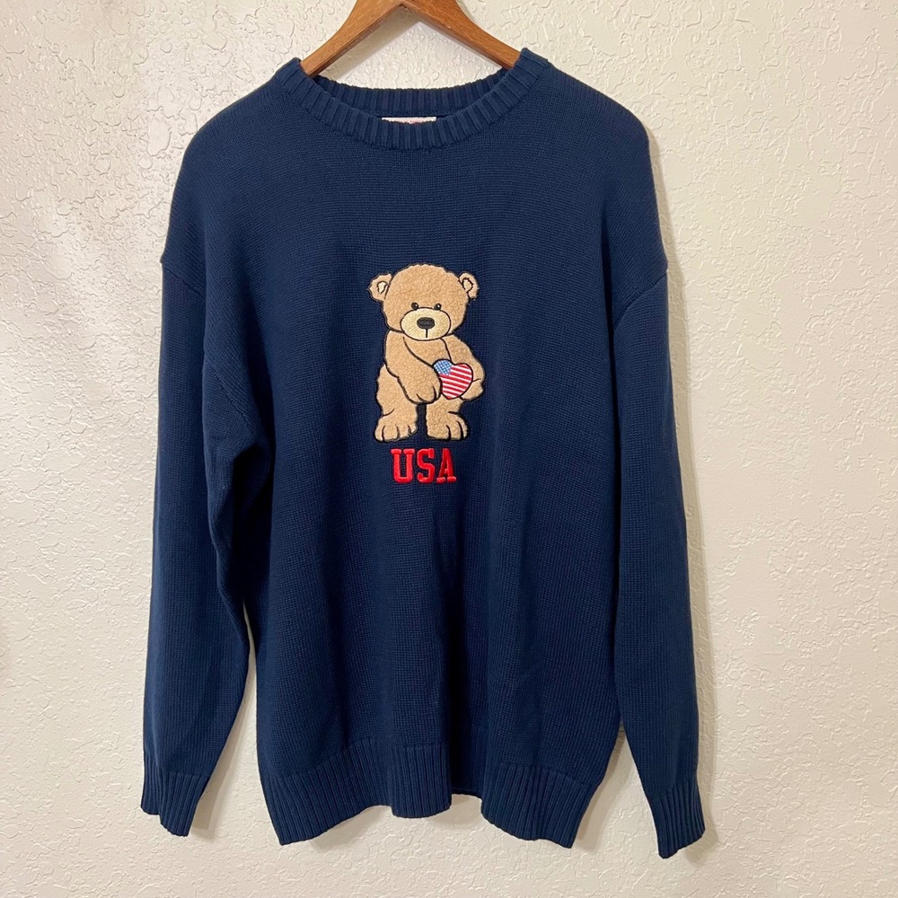 Stella Tweed VTG Y2K USA Teddy Bear Heart Navy Blue Knit Crewneck Sweater Preppy